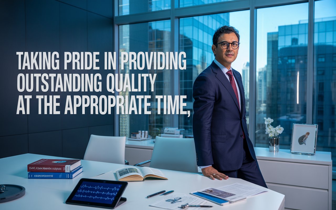 A professional portrait of Dr. Kamal Asnani standing in a modern office, wearing a suit and glasses. The image includes a desk with books, a tablet showing a medical graph, and large windows with a city view.