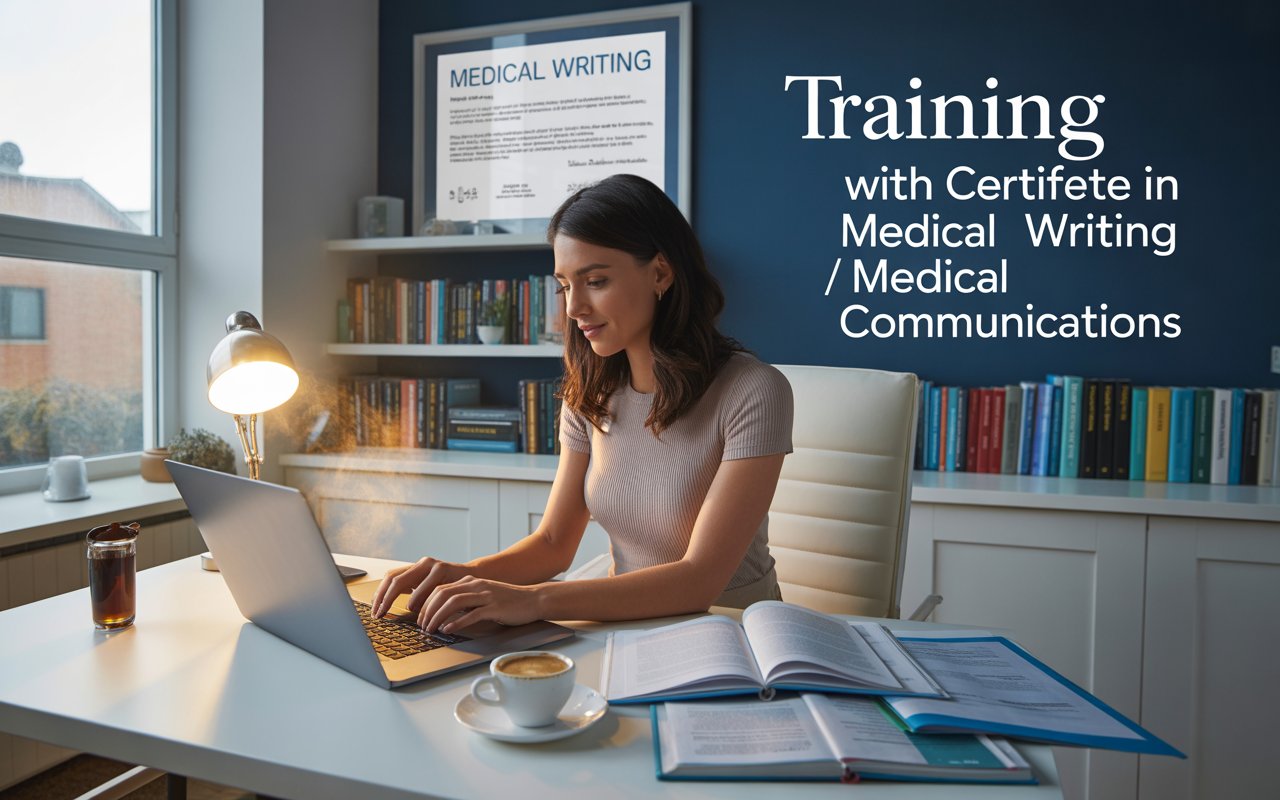 A woman working at a desk in a modern home office, typing on a laptop with medical books and a certificate on the wall. The text 'Training with Certificate in Medical Writing / Medical Communications' is displayed.