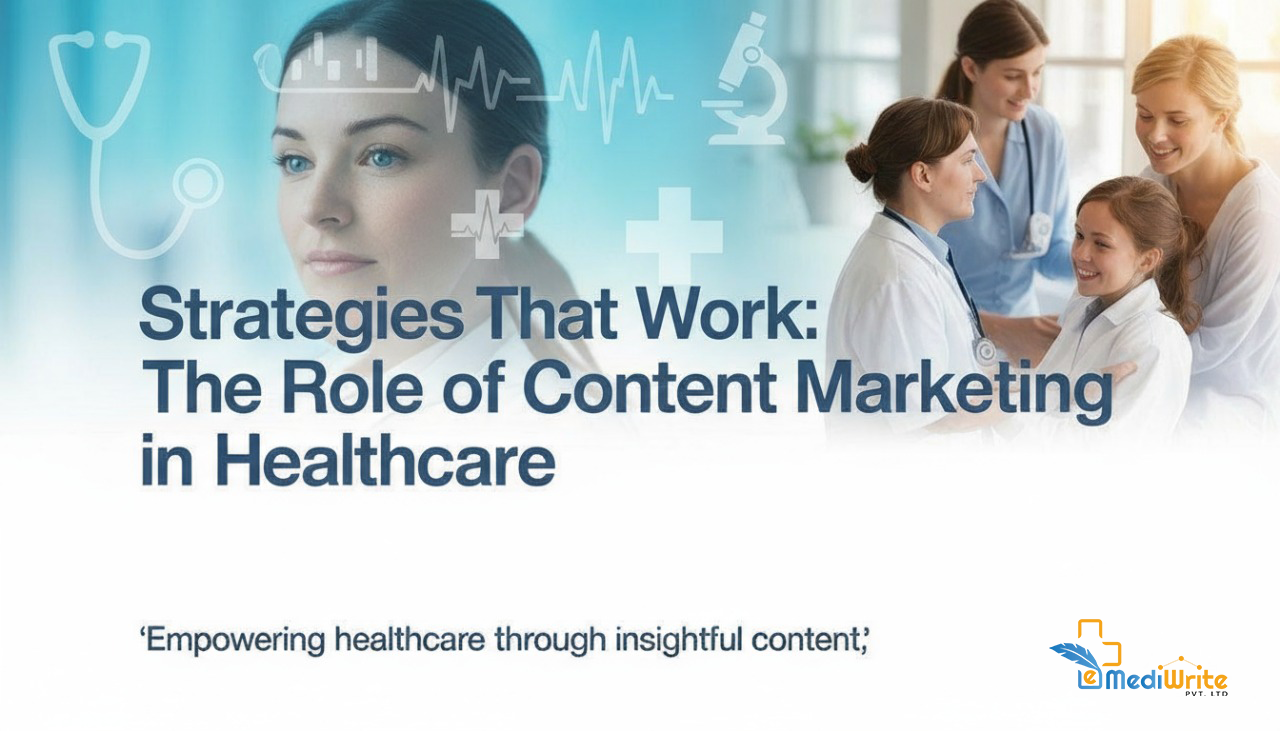 Healthcare professionals engaging in discussion with patient, overlaid with medical icons and text highlighting strategies in content creation in healthcare, emphasizing insightful and empowering healthcare content by eMediWrite.