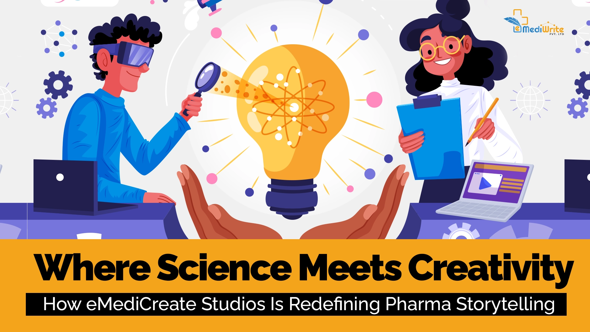 Illustration depicting the intersection of science and creativity, with two people, a lightbulb, and the text "Where Science Meets Creativity: How eMediCreate Studios Is Redefining Pharma Storytelling."